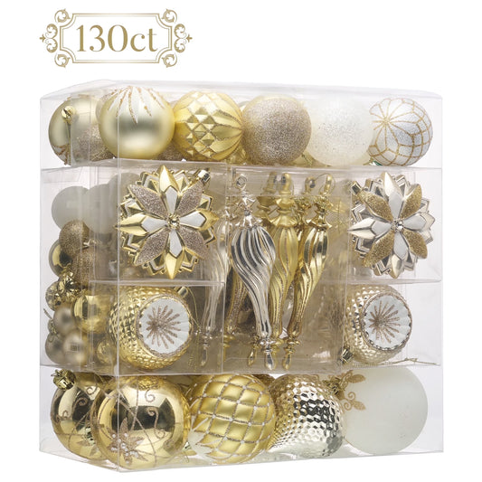 130Ct Christmas Ornaments Set, White Gold Shatterproof Ornaments for Christams Tree Decor
