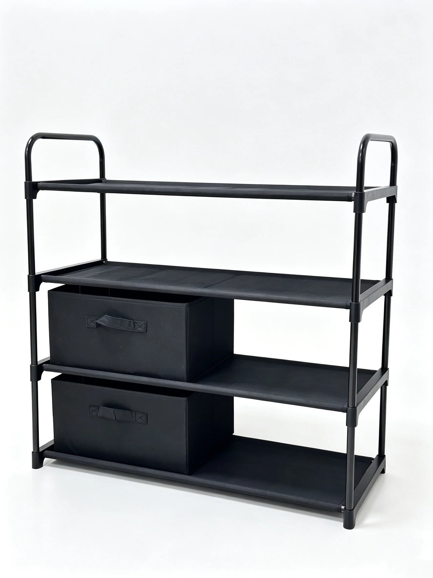 4 Shelf Closet Storage Organizer for Clothes with 2 Fabric Bins, Black, Metal Frame